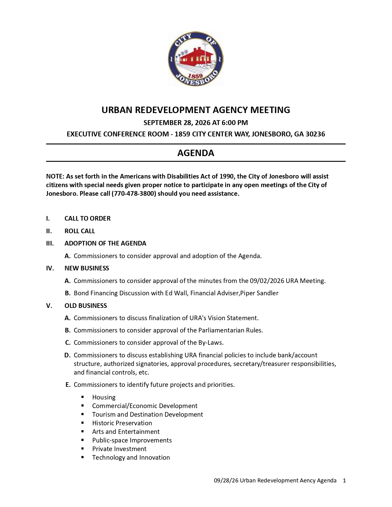 Urban Redevelopment Agency Meeting Agenda